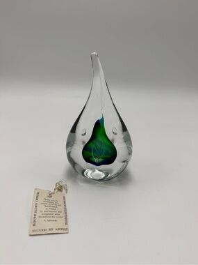 A Jablonski Polish Art Glass Paperweight Teardrop Blue Green Crystal Signed Tag